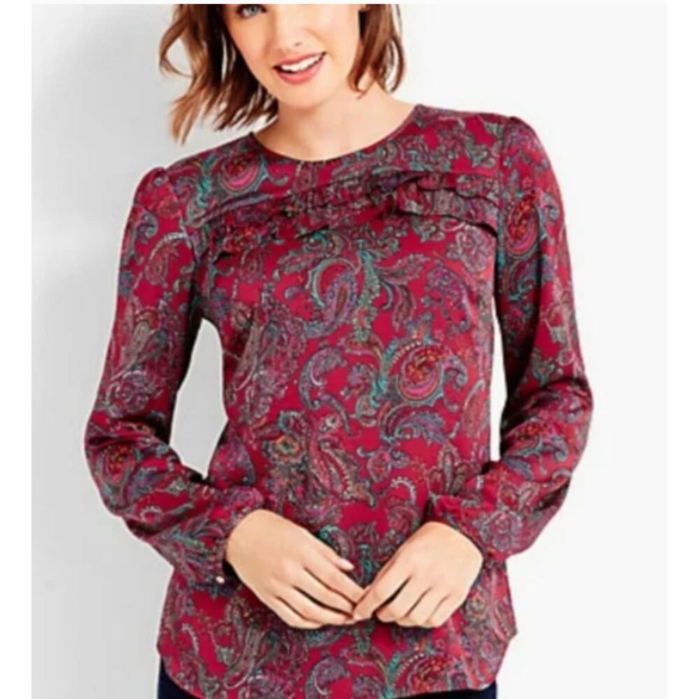 Talbots Ruffle Paisley Long Sleeve Pullover Burgundy Top Blouse Sz XS